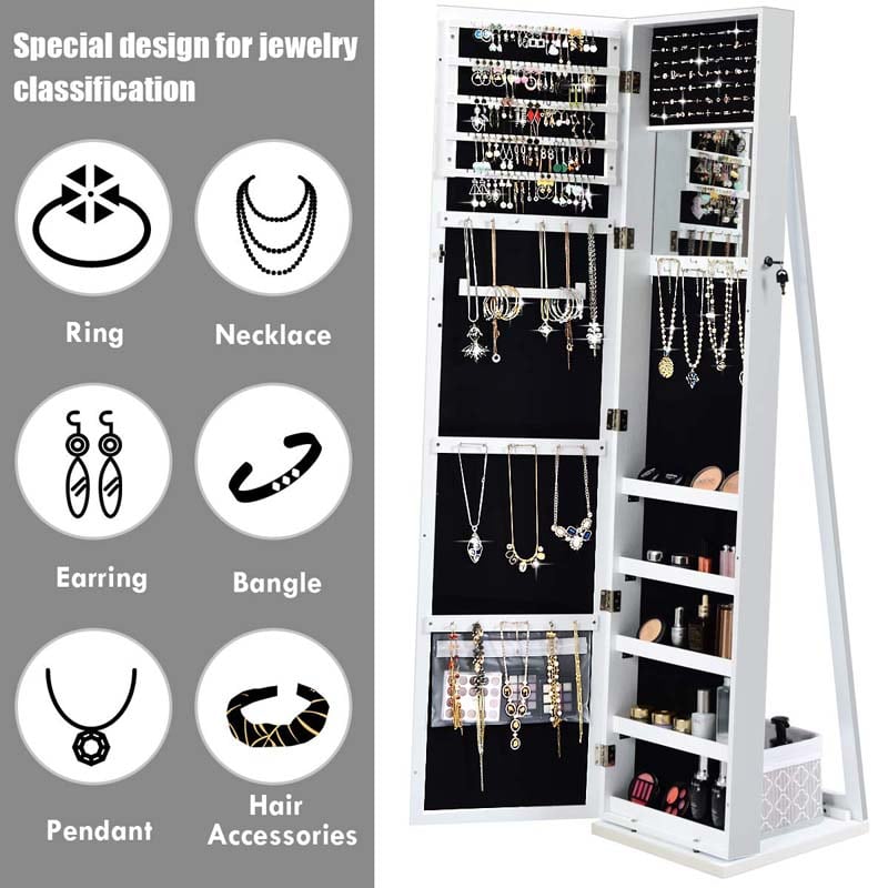 Full-Length Mirror Standing Jewelry Armoire with Inside Makeup Mirror, 2-in-1 Lockable Jewelry Cabinet Organizer