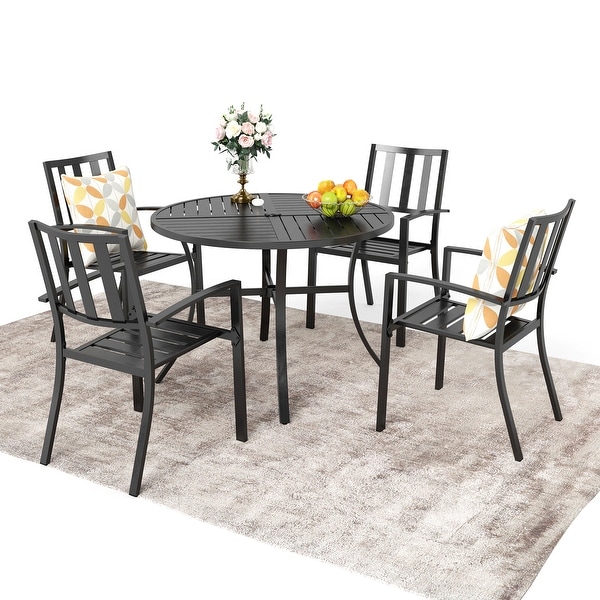 MAISON ARTS 5Piece Geometrically Stamped Round Table and Stackable Dining Chairs Outdoor Dining Set