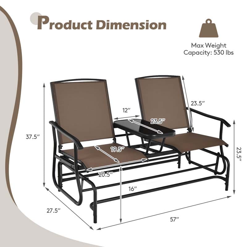 2-Person Outdoor Bench Glider Chair with Center Table, Mesh Fabric Rocking Loveseat for Patio