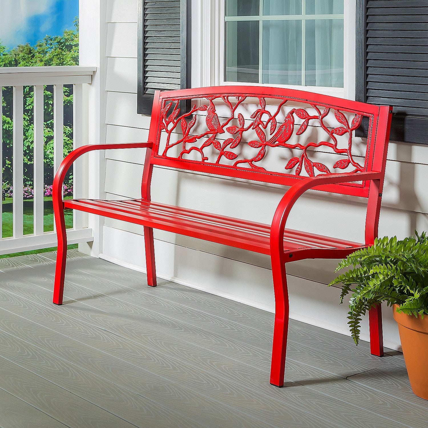 Evergreen Cardinals Metal Garden Bench, Red