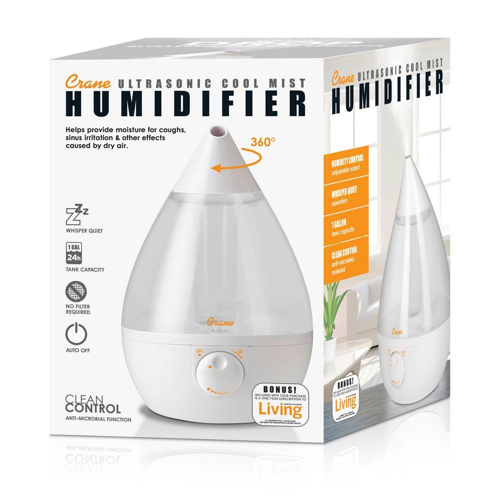 Crane 1 Gal. Drop Ultrasonic Cool Mist Humidifier for Medium to Large Rooms up to 500 sq. ft. - ClearWhite EE-5301CW