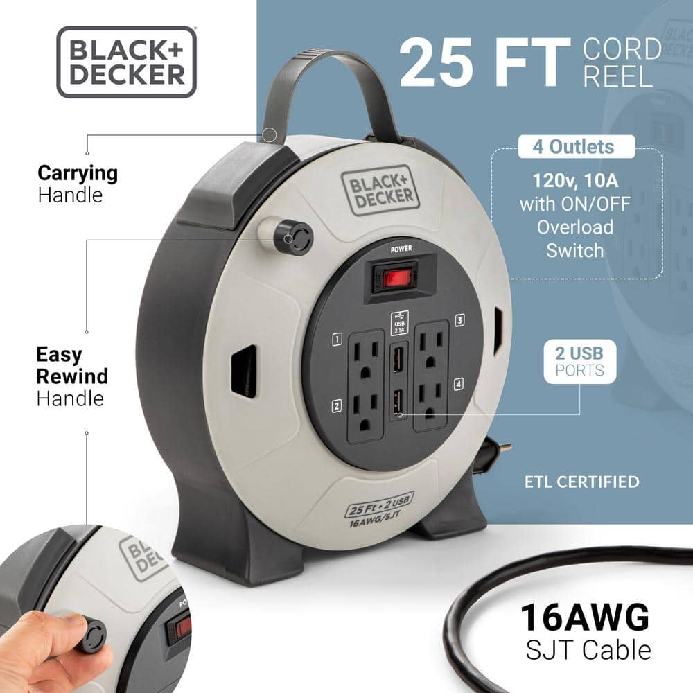 BLACK+DECKER 25 ft. 4 Outlets and 2 USB Retractable Extension Cord with 16 AWG SJT Cable Compact Power Cord Reel BDXPA0061