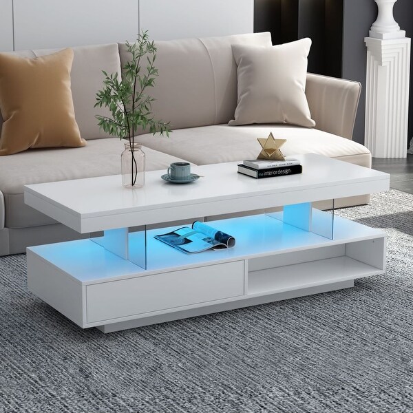 Modern Center Table with 2 Drawers LED Lights and Display Shelves