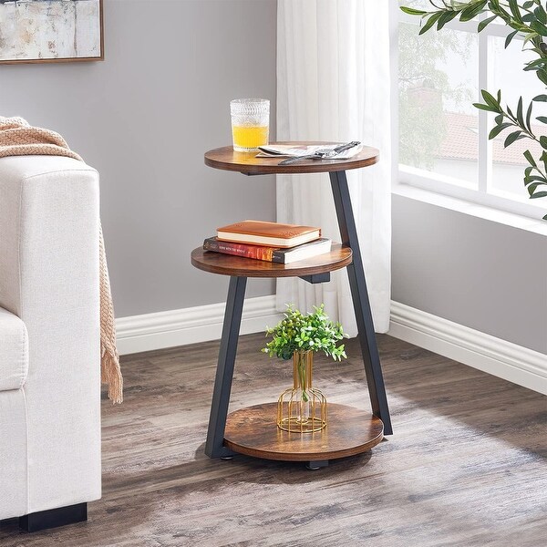 Round End Table Side Table with Metal Frame，Rustic Brown