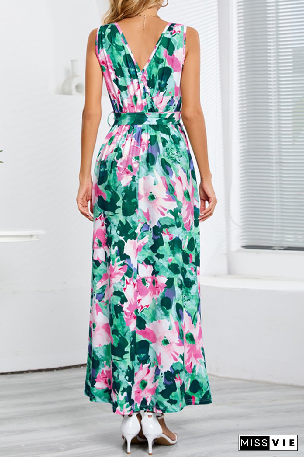 Wrap V Neck High Split Sleeveless Floral Maxi Dress