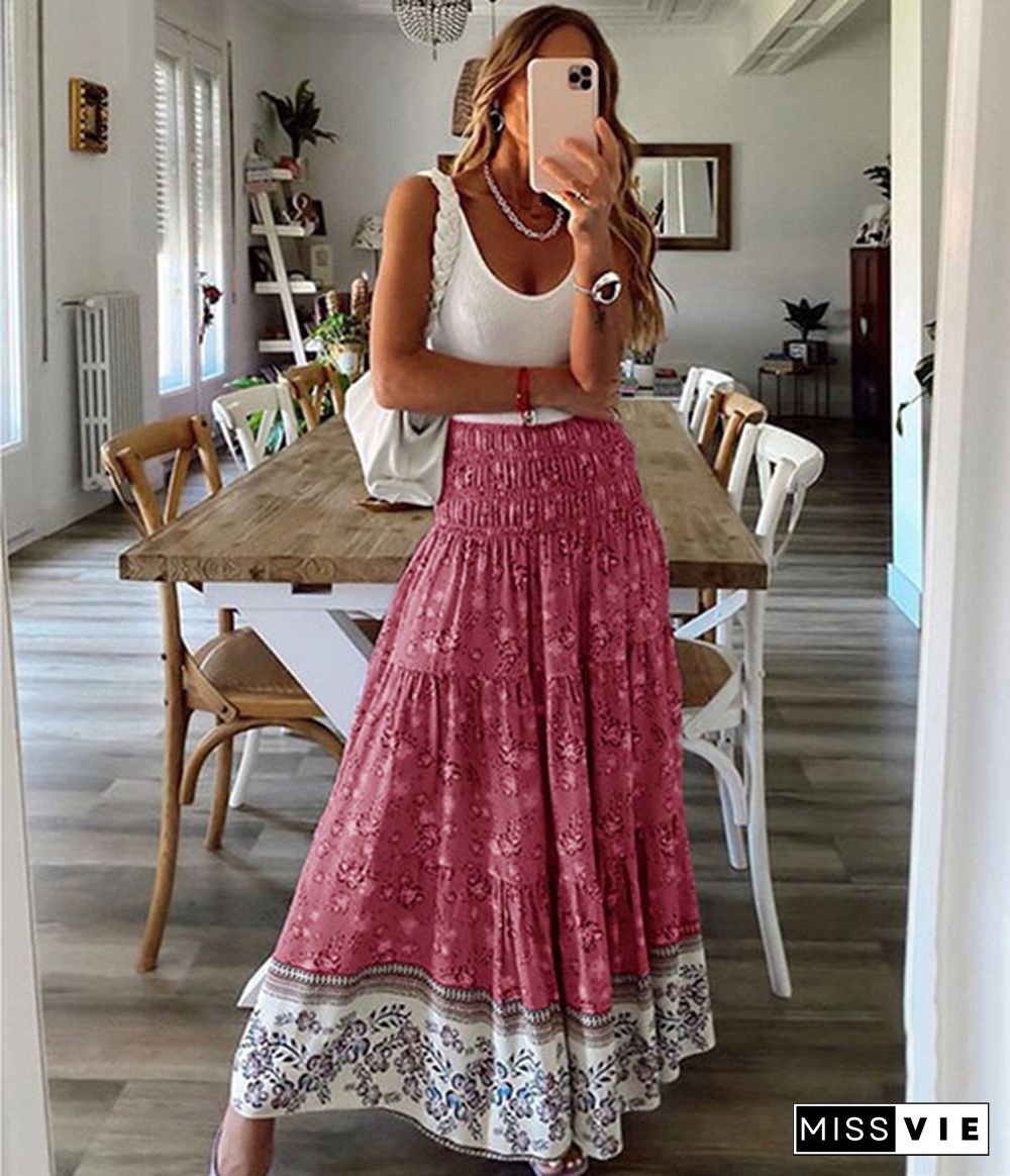 Plus Size Skirt Boho Style Floral Printed High Waist Skirt Holiday Beach Long Skirt Jupes