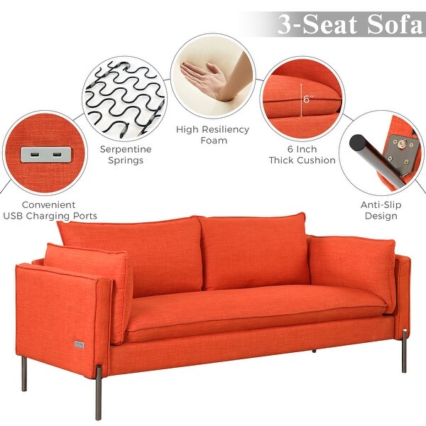 2+3 Seat Linen Sofa Sets with USB Charging Ports， Pillows and Solid Metal Legs