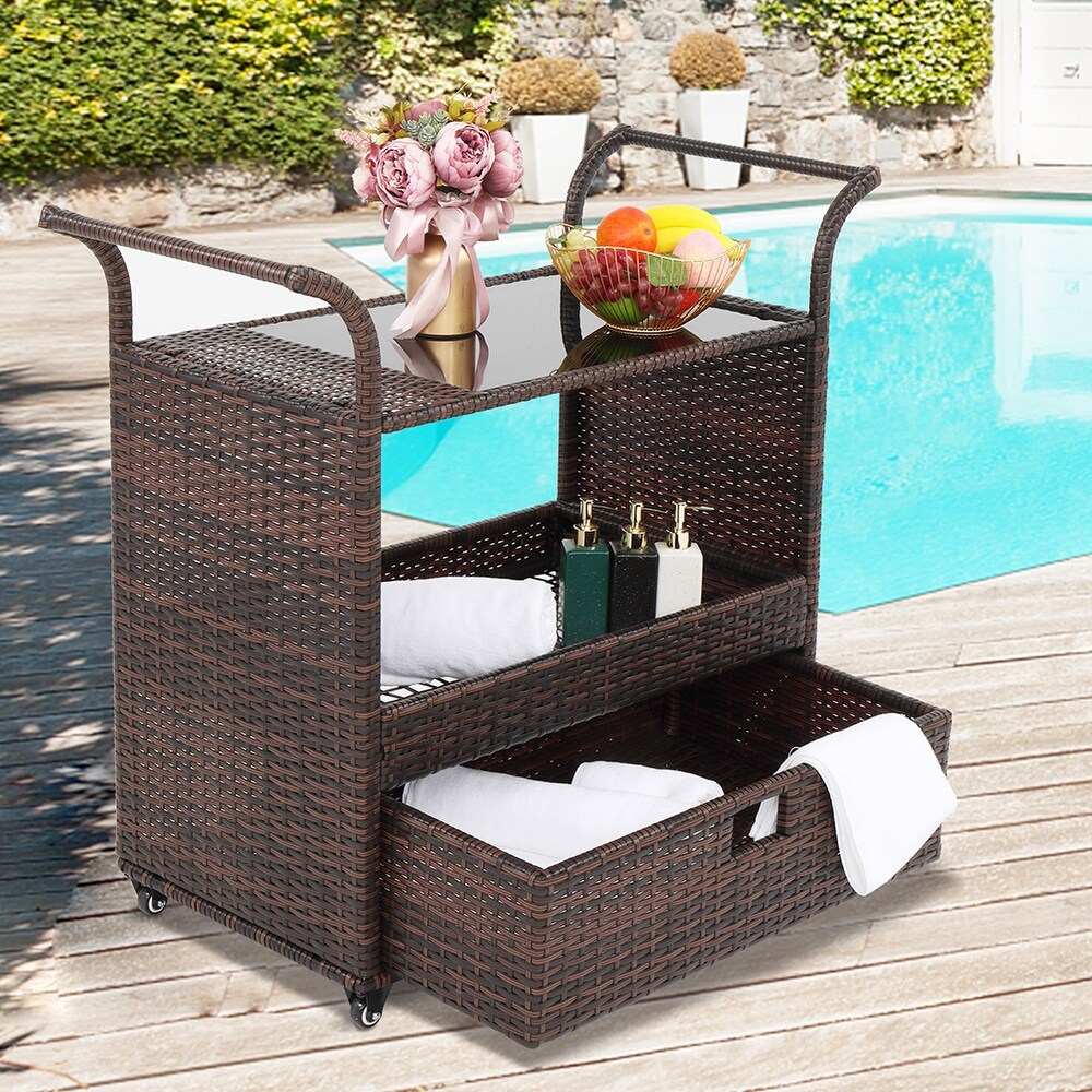 Outdoor Patio Wicker Rattan Serving Bar Cart Sideboard On Wheels Brown