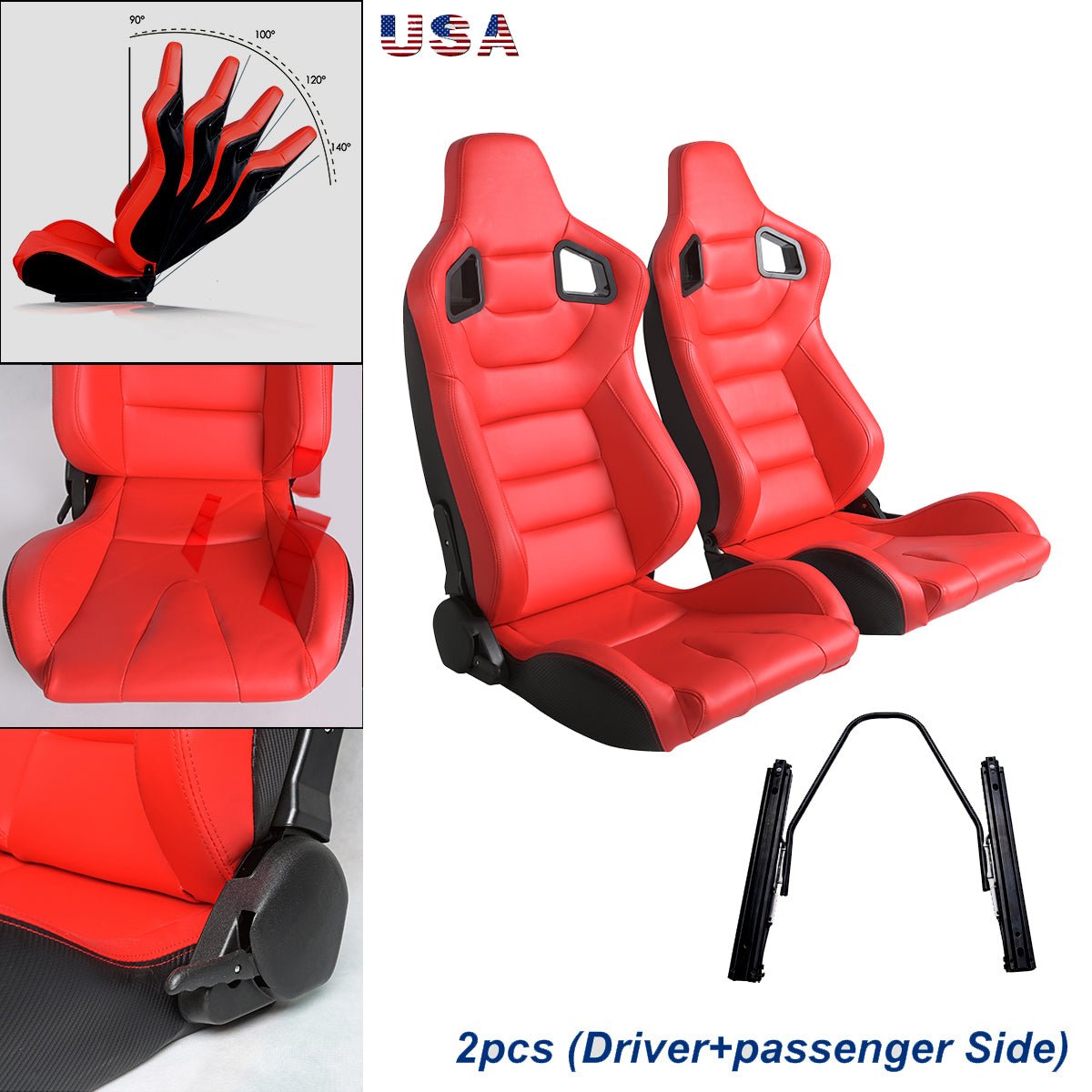 Racing Seats，1 Pair Bucket Seats with Dual Lock Sliders，PVC Leather Racing Seats，Reclining Design and Front-Back Adjustable Seats，Red