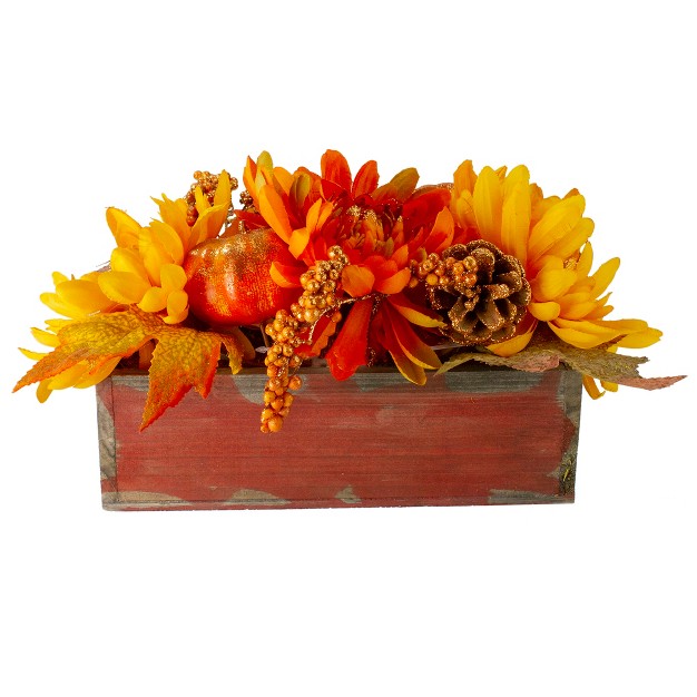 Autumn Harvest Maple Leaf And Berry Arrangement In Rustic Wooden Box Centerpiece