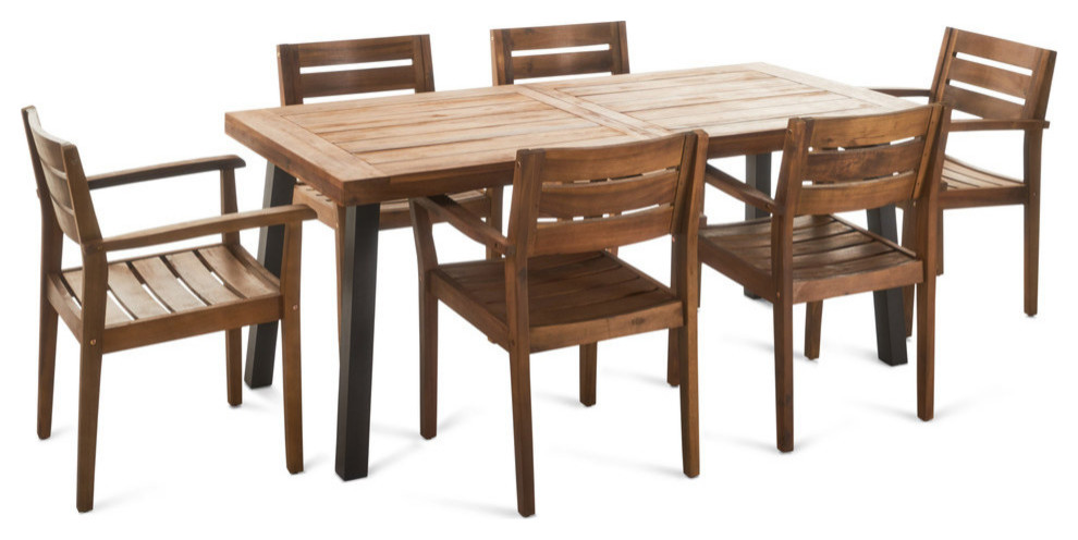 GDF Studio Avalon Outdoor 6 Seater Rectangular Acacia Wood Dining Set   Transitional   Outdoor Dining Sets   by GDFStudio  Houzz