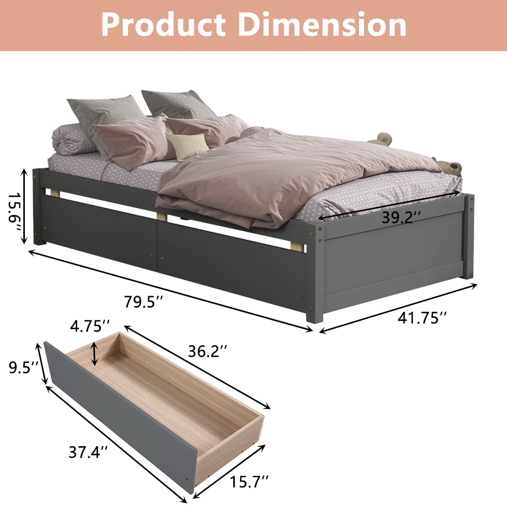 Platform Bed Frame with Storage Drawers, Kids Twin Size Bed Frame No Box Spring Needed, Solid Wood Platform Beds with Two Drawers, Modern Single Bed Bedroom Furniture, Gray, J1174