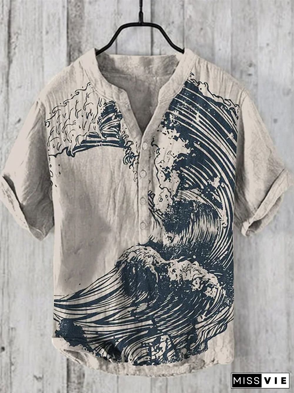 Men's Vintage Sea Wave Lino Art Linen Blend Shirt