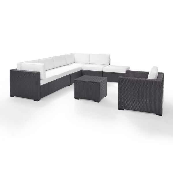 Biscayne 7 Person Outdoor Wicker Seating Set in White - Two Loveseats， One Armless Chair， One Arm Chair， Coffee Table， Ottoman