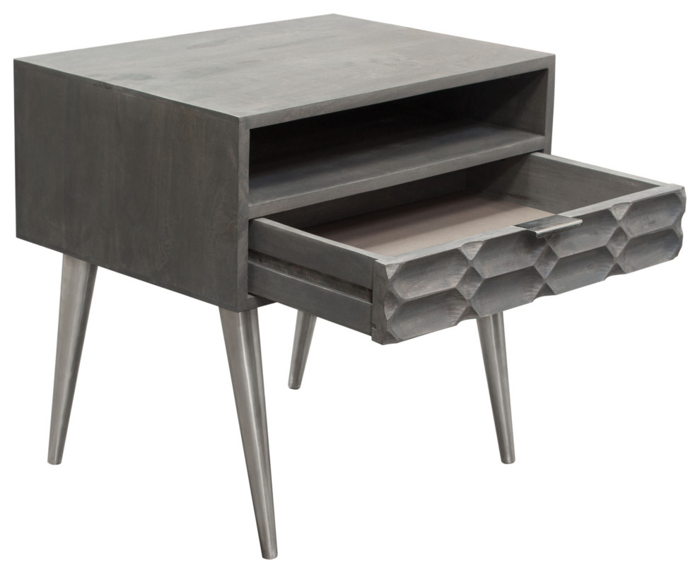 Petra Solid Mango Wood 1 Drawer Accent Table  Smoke Gray Finish With Nickel Legs   Midcentury   Side Tables And End Tables   by VirVentures  Houzz