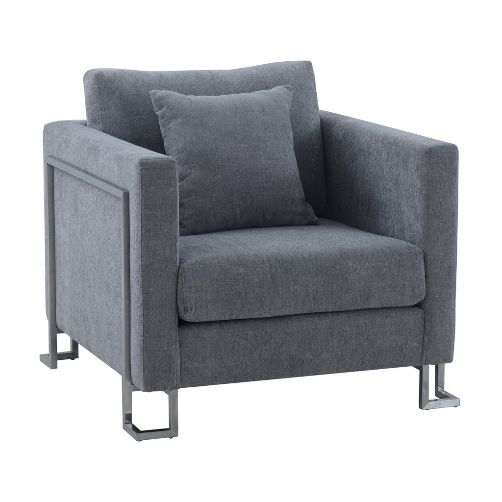 Armen Living Heritage Gray Fabric Upholstered Accent Chair with Brushed Stainless Steel Legs - Armen Living LCHT1GREY