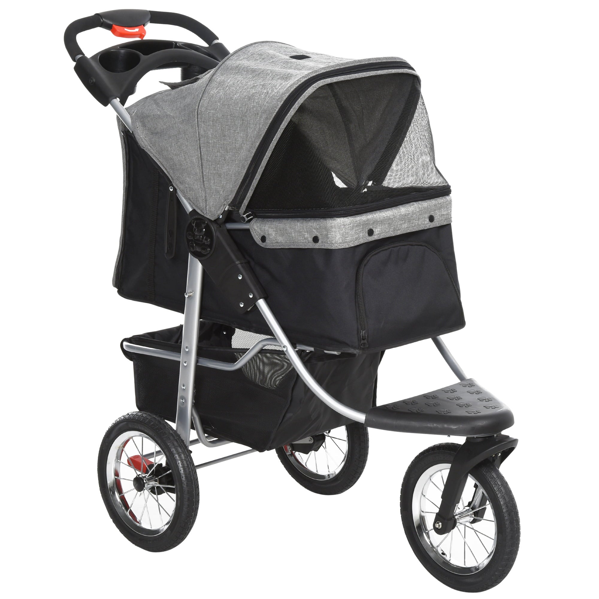 Luxury Folding Pet Stroller Dog/Cat Travel Carriage with Adjustable Canopy and a Zippered Mesh Window Door - Grey