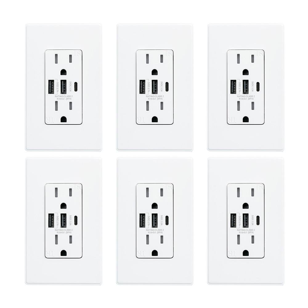 ELEGRP 30-Watt 15 Amp 3-Port Type C and Dual Type A USB Duplex Wall Outlet Wall Plate Included White (6-Pack) R1815D60AAC-WH6