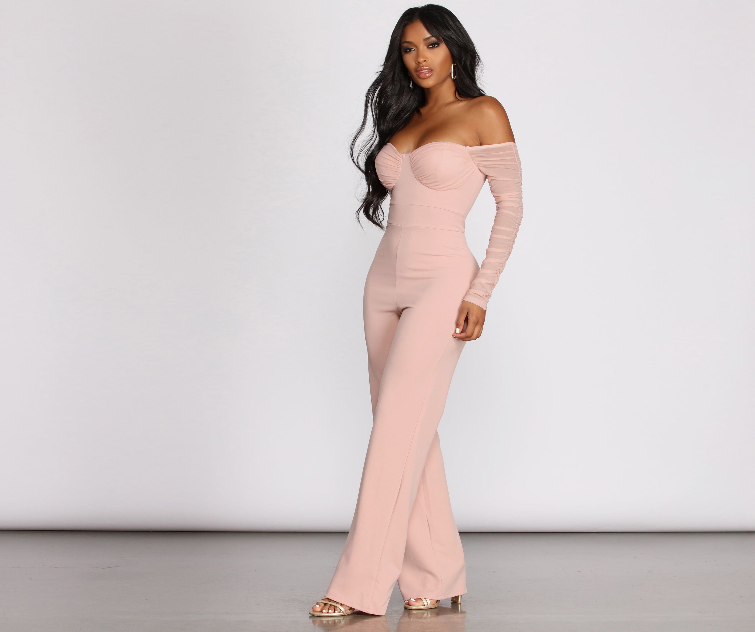 At The Ready Ruched Off Shoulder Jumpsuit