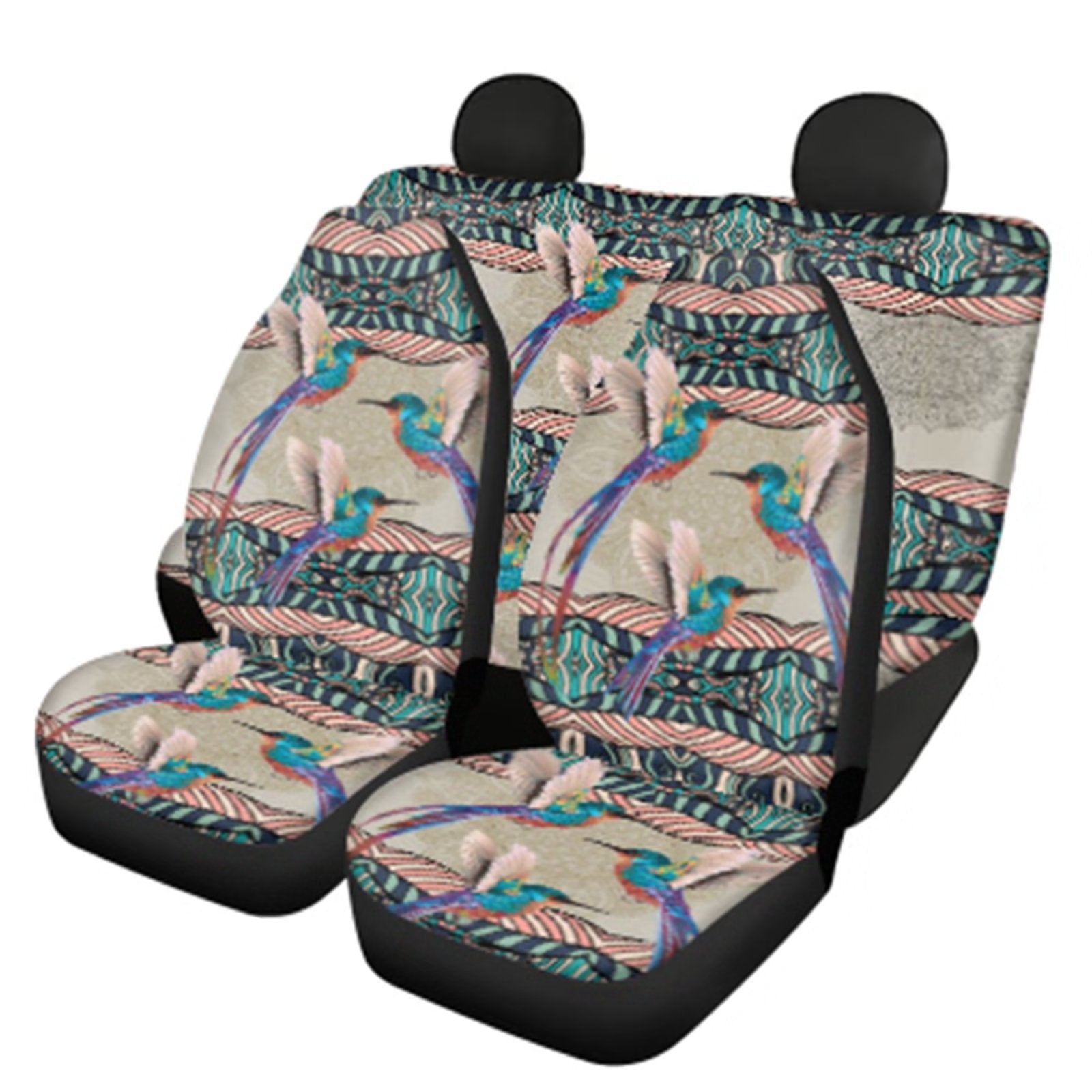 FKELYI Car Seat Covers of Ethnic Tribal Design Hummingbird，Universal Size Fit for Auto Cars Vans Trucks and SUVs，2 pcs Front Split Bench Protector Accessories+2 pcs Rear Blanket Seat Covers for Women