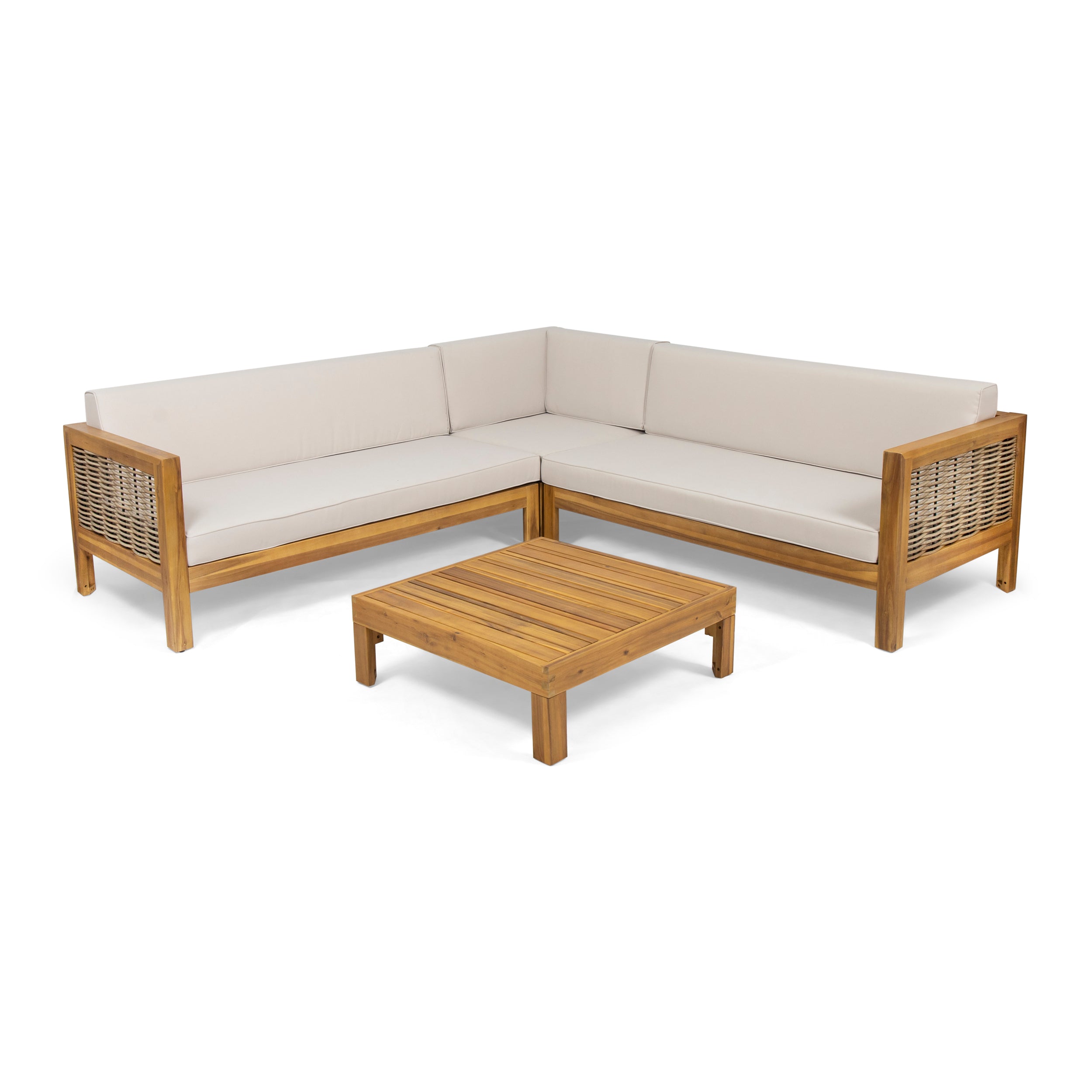 Elizabeth Outdoor Wood and Wicker 5 Seater Sectional Sofa and Coffee Table Set