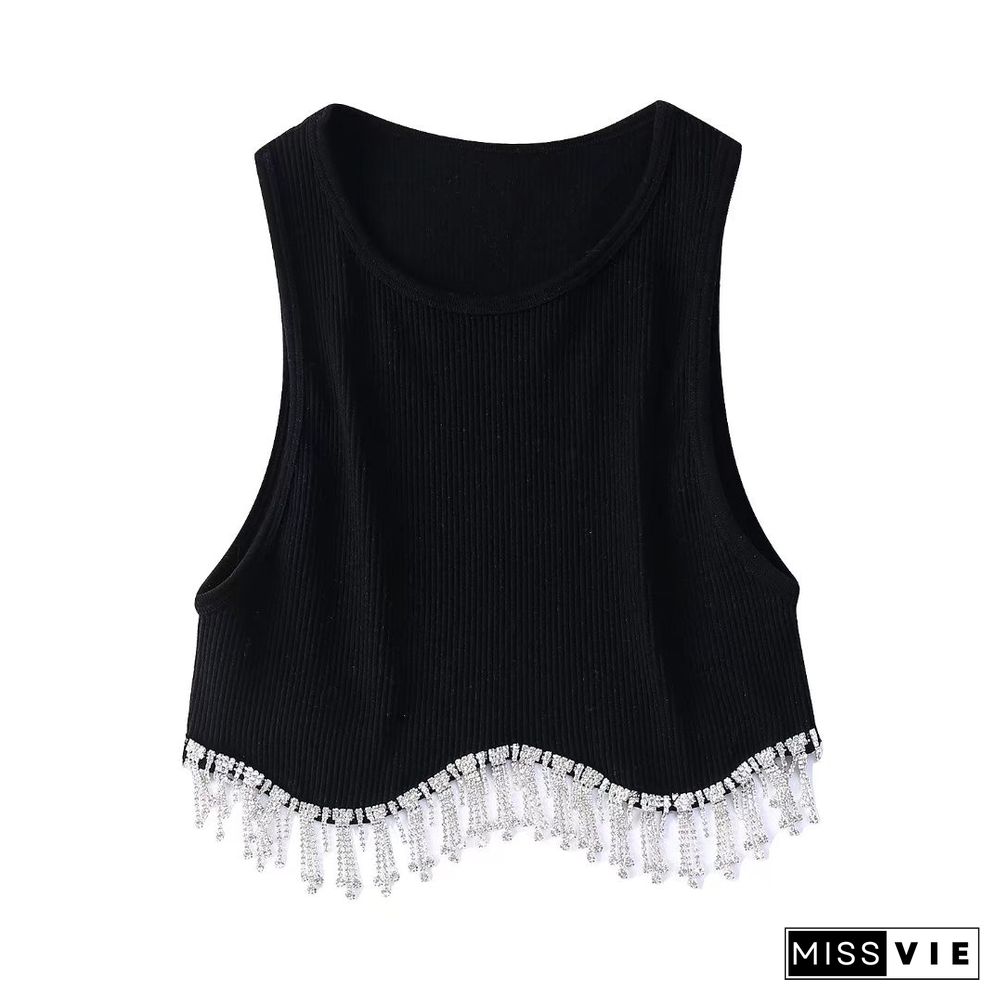 Women High Street Sexy Hem Tassel Diamond Beading Knitting T-Shirt Chic Short Camis Tank Lady Slim Crop Vest Tops Ls1311