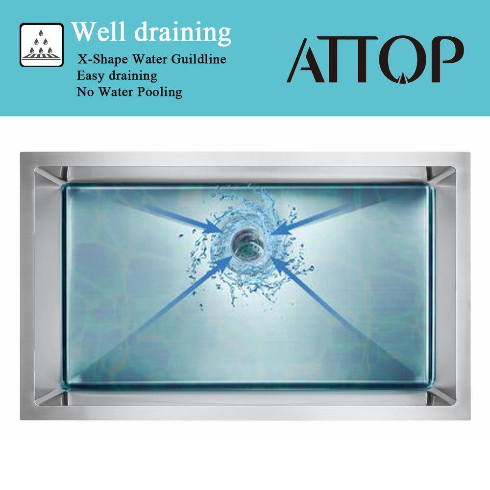 Attop Brushed 20-Gauge Stainless Steel 30 in. Single Bowl Undermount Scratch-Resistant Nano Kitchen Sink with Strainer NA301809R10-SL