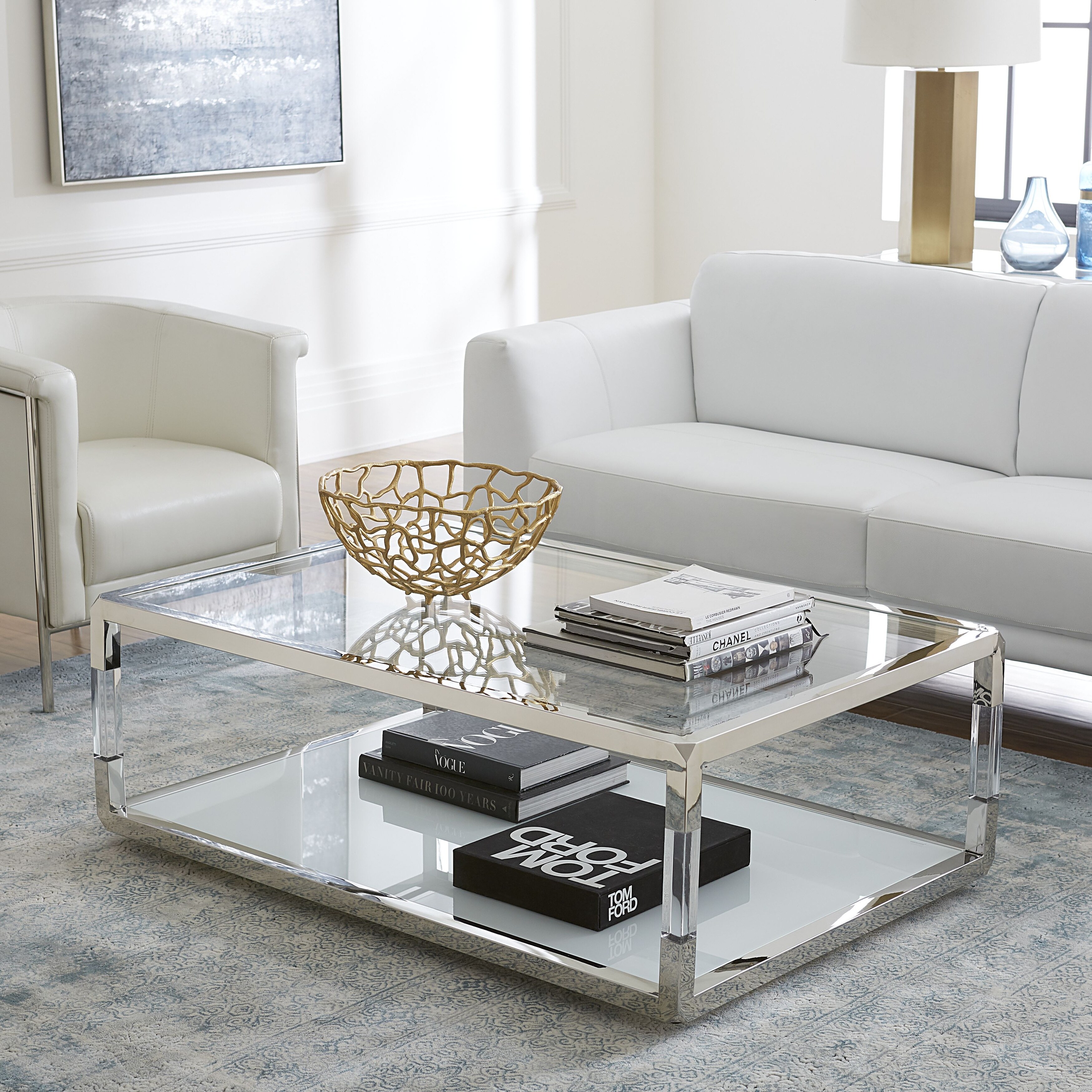 Jasper Coffee Table in Acrylic， White Glass and Polished Stainless Steel