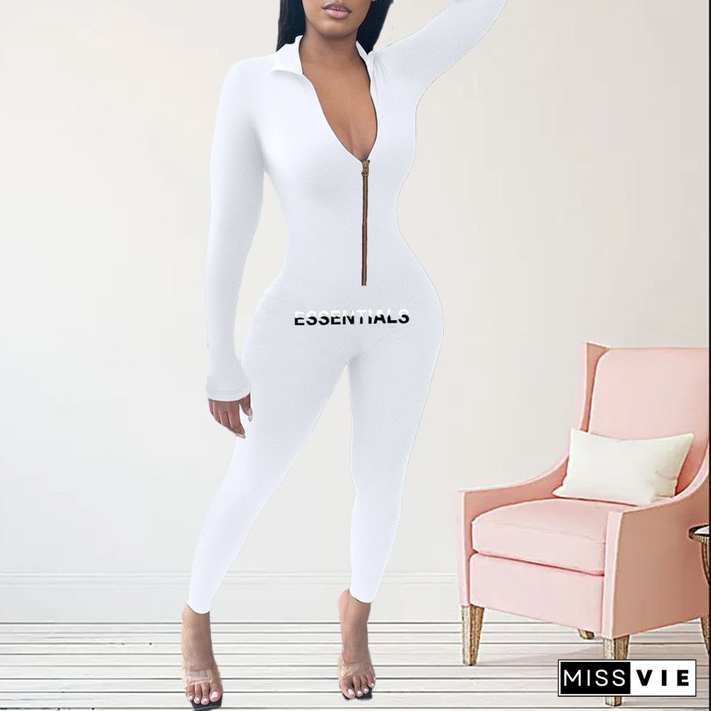 Letter Print Long Sleeve Zipper Fitness Jumpsuit