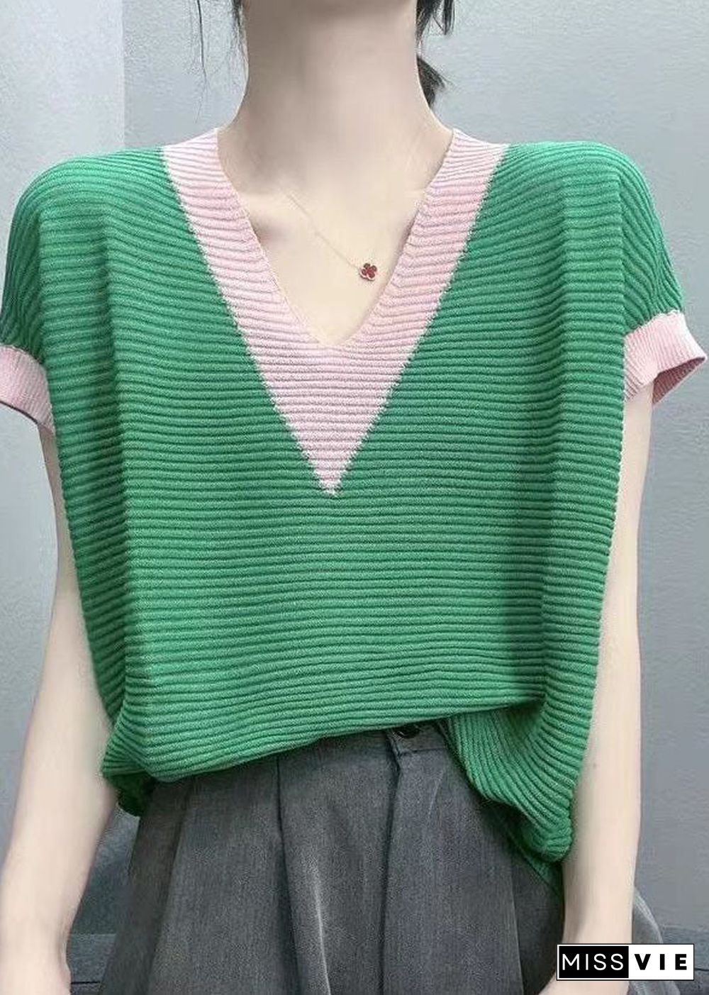 Diy Green V Neck Patchwork Knit Tank Tops Short Sleeve