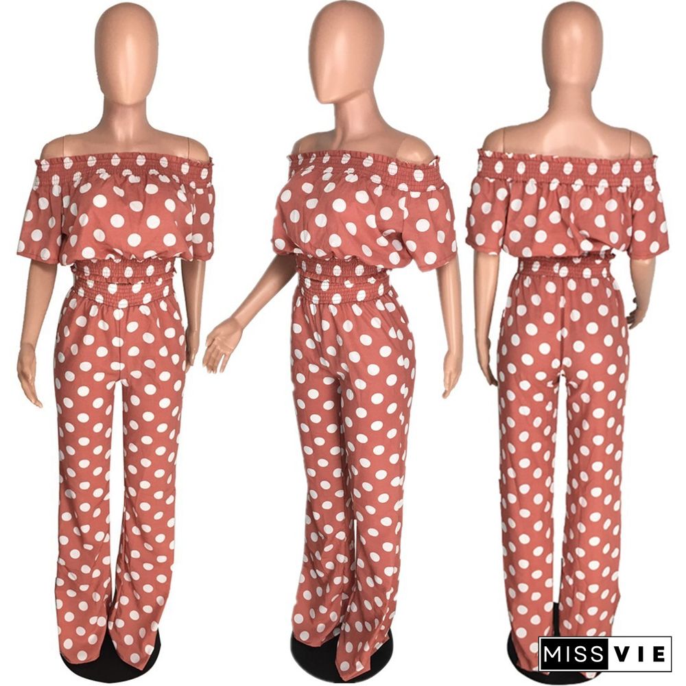 Stylish Off Shoulder Polka-dot Top Wide-leg Pants 2 Piece Set