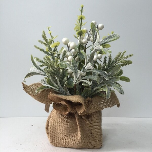 Frosted Christmas Greens And Berries In A Burlap Wrapped Pot Faux Plants And Trees