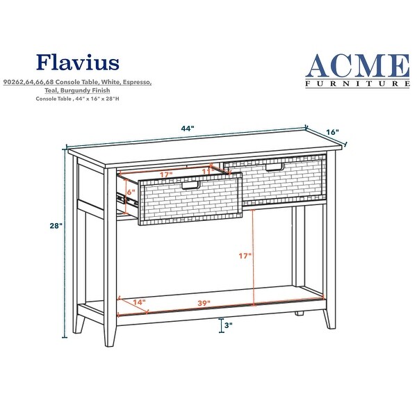 Transitional Flavius Rectangular Console Table with 2 Drawers (Basket Front) and Open Storage Bottom Shelf in White