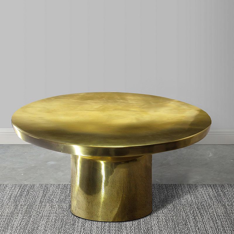 Zoe 30 Inch Modern Classic Round Metal Coffee Table with Pedestal Base， Glossy Gold Brass