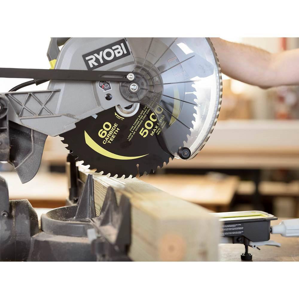 RYOBI 15 Amp 12 in. Corded Sliding Compound Miter Saw with 12 in. 60 Carbide Teeth Thin Kerf Miter Saw Blade TSS121-A181202