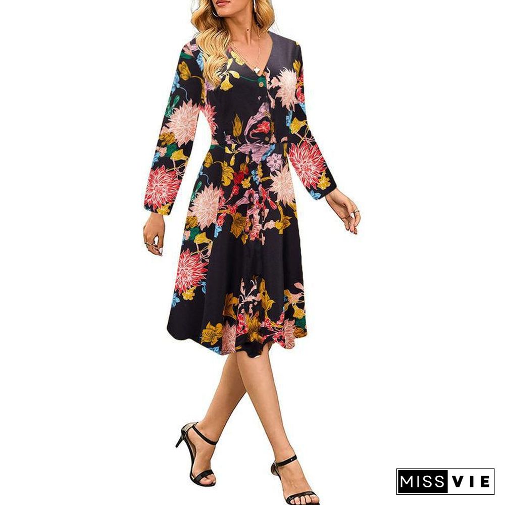 Broken Skirt Slim V-neck Flower Dress