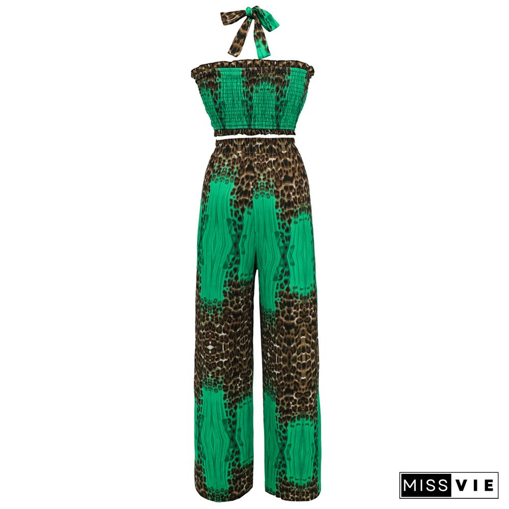 Slim Tube Top Hanging Neck Top Printed Wide-leg Pants Casual Fashion Suit