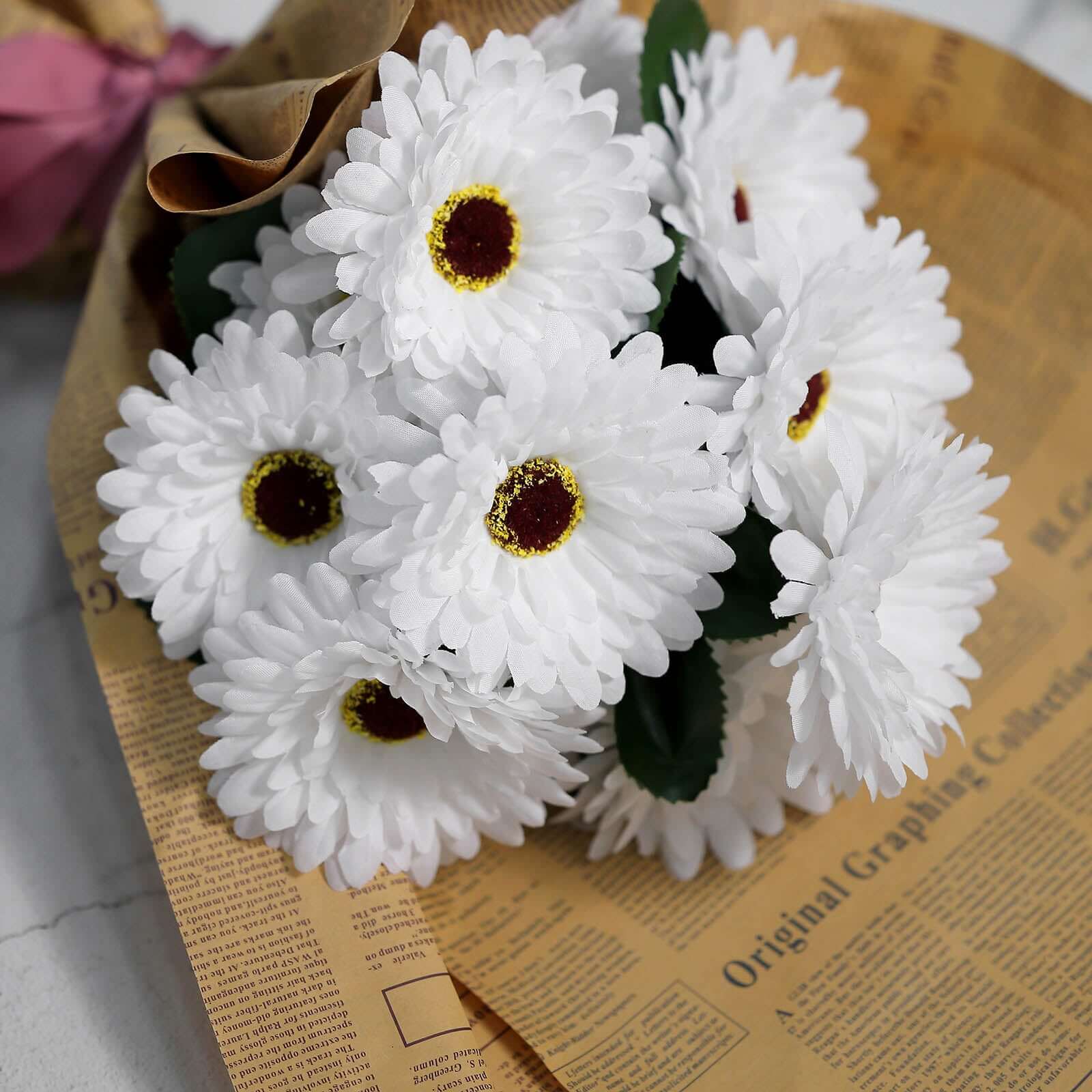 4 Bushes White Artificial Silk Gerbera Daisy Flower Bouquets, 28 Daisies