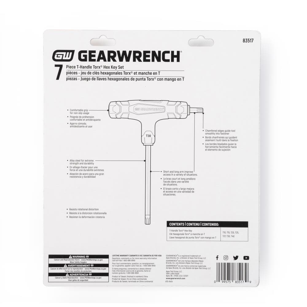 GEARWRENCH Torx Key Set T Handle 7pc ;