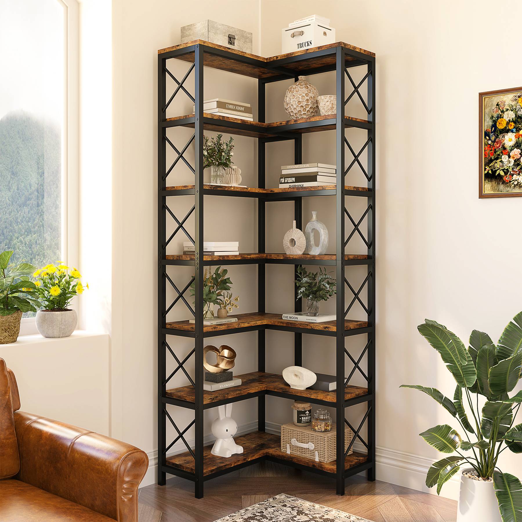 7-Tier Corner Bookshelf Corner Bookcase Storage Display Rack