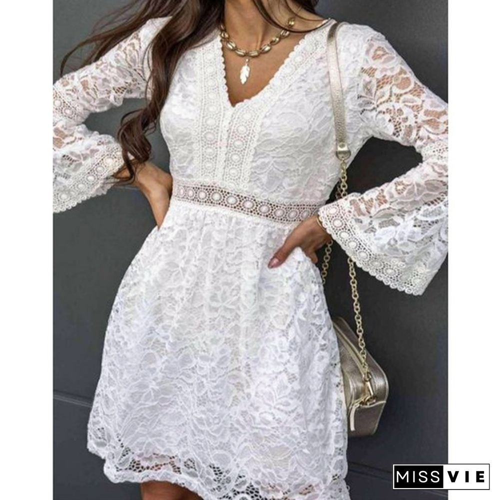 Elegant Lady Mini Dress Women Lace Stitching Flare Long Sleeve V-neck Party Casual A-line Tunic Dress Plus Size