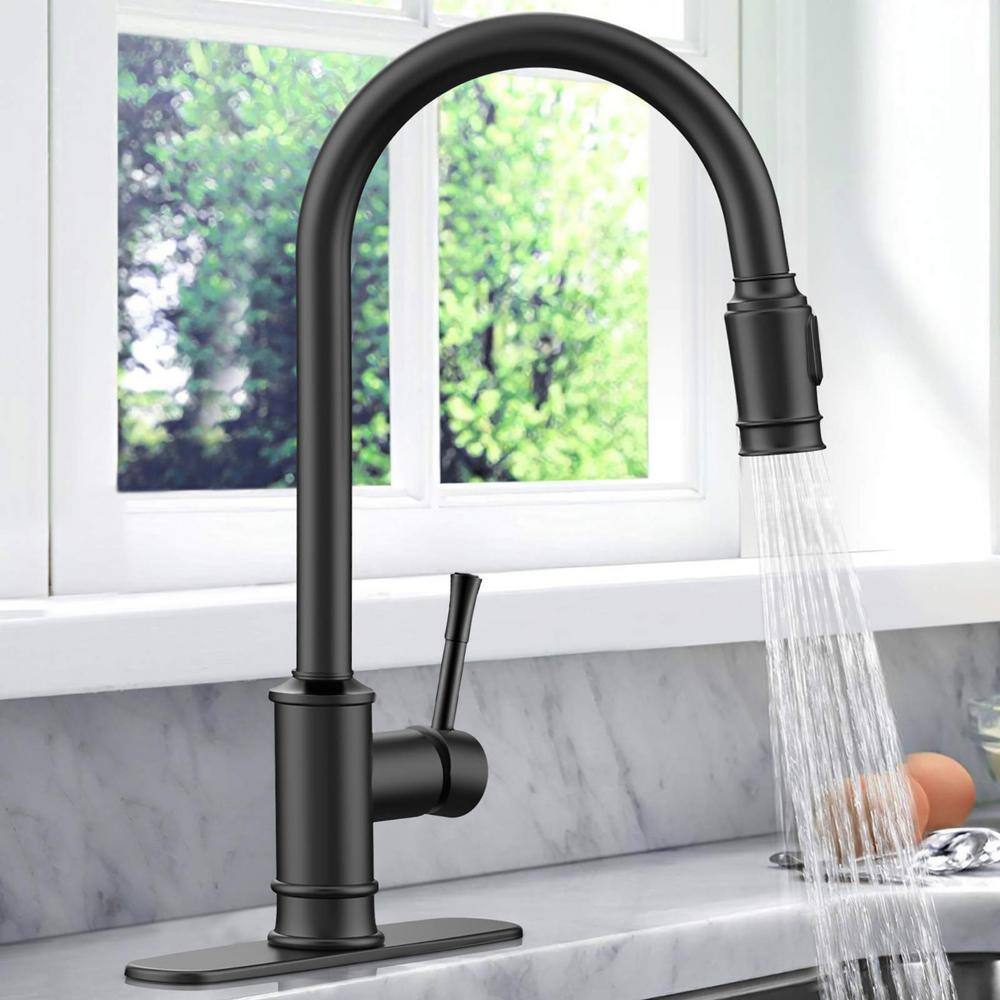 Lukvuzo Single Handle Pull Down Sprayer Kitchen Faucet with 3 Modes  Deck Plate for 1or 3 Holes 360 Rotation in Matte Black HDSA11FS011