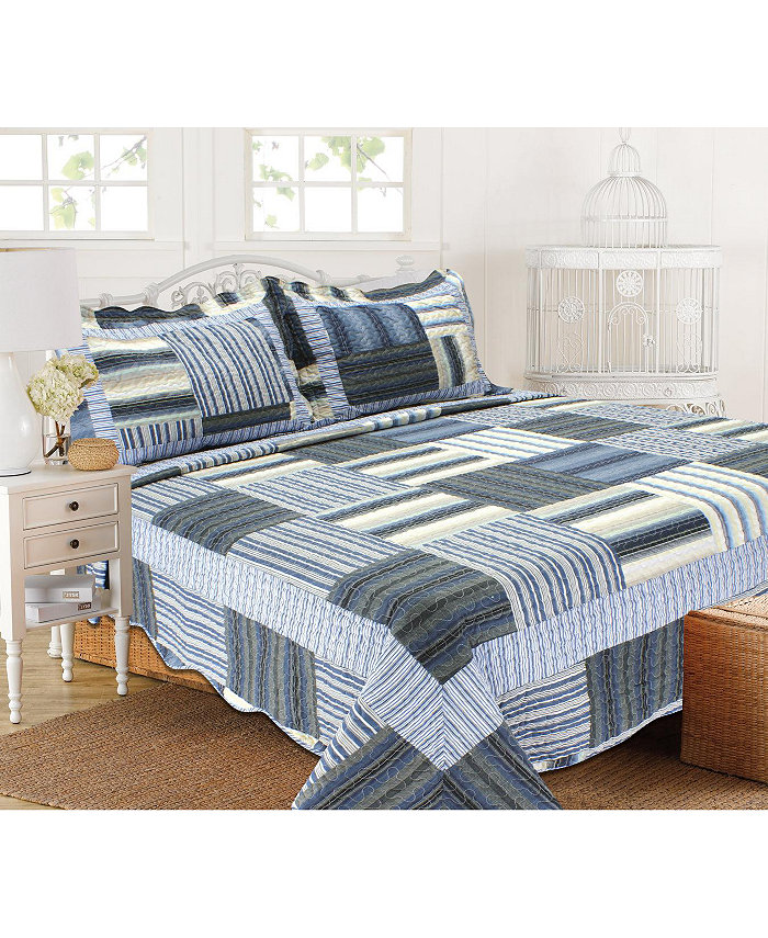 JandV Textiles 3-Piece Cotton Blend Reversible Quilt Set - Full Queen