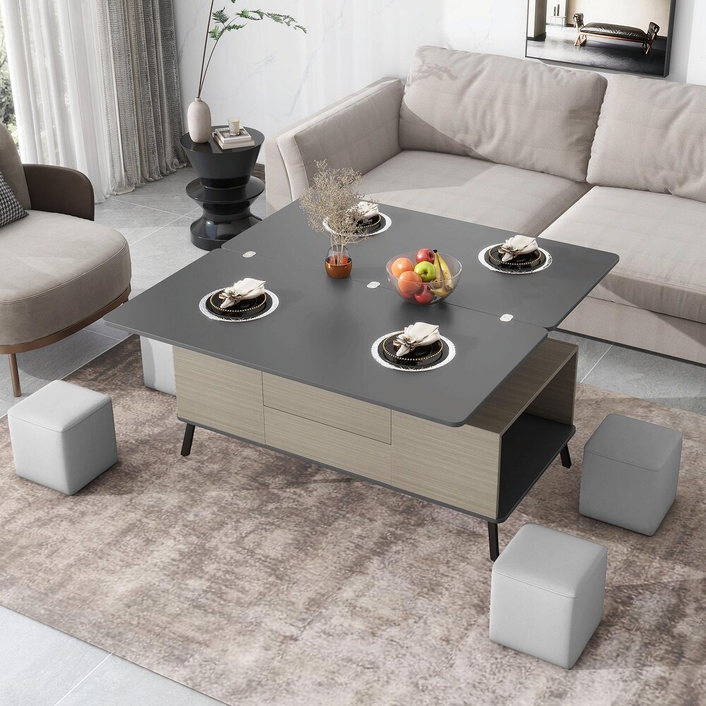 5 Piece Lift Top Coffee Table Set: Convertible Dining Table with Ottomans