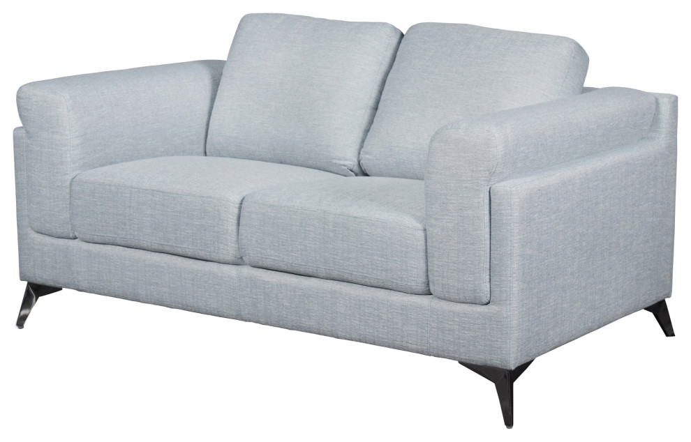 Fabric Upholstered Wooden Loveseat With Flared Arms And Metal Feet  Blue   Midcentury   Loveseats   by VirVentures  Houzz