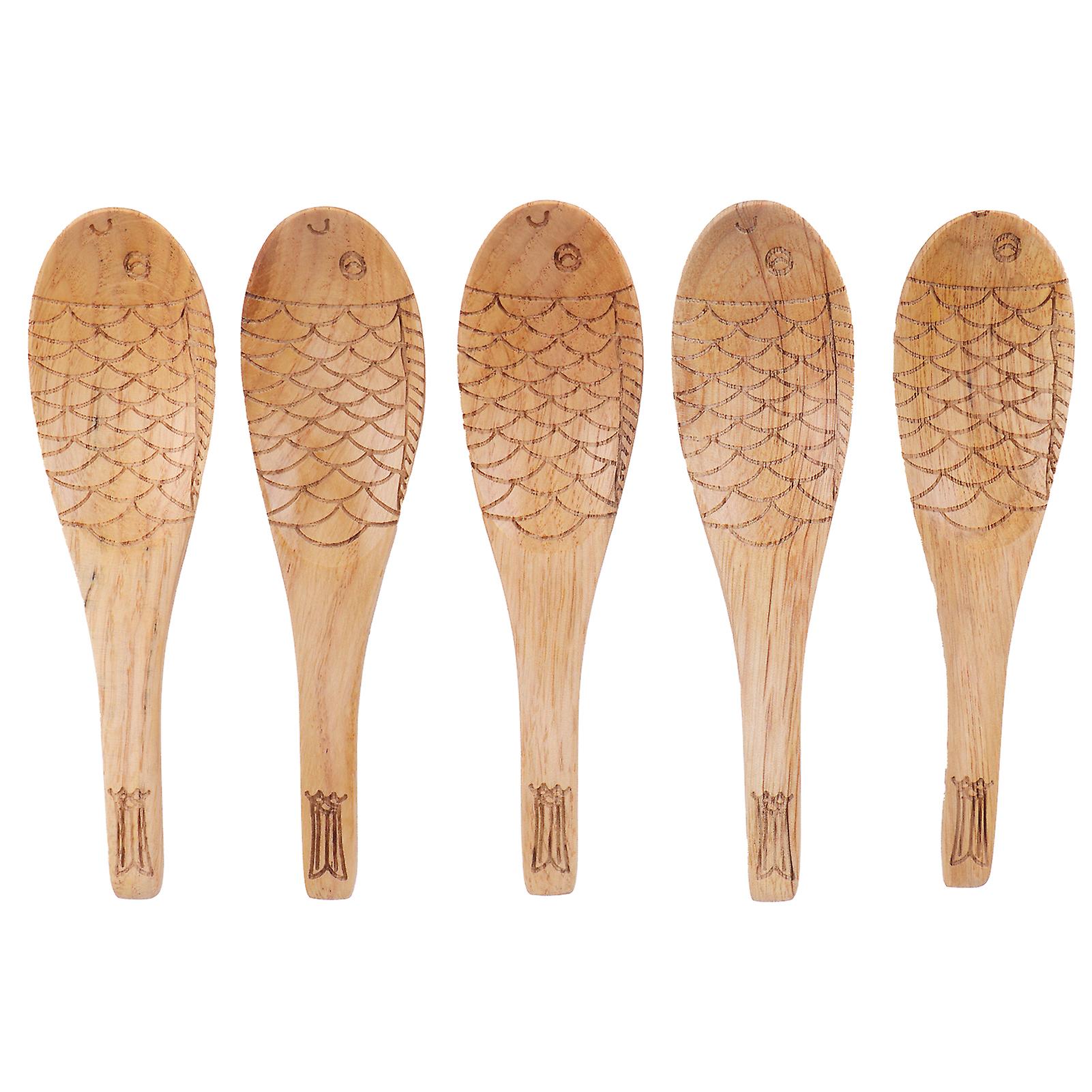 5pcs Wood Rice Spoon Innovative Fishshaped Carving Soup Ladle Tableware Kitchen Utensil