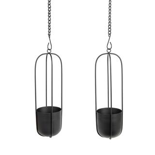 DANYA B Walter 2-Piece Modern Black Metal Oval Hanging Planter Set with Chain Hanging Option SE24396