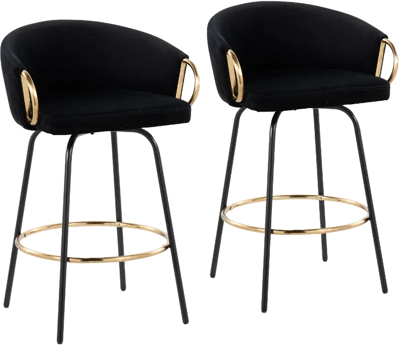 Claire Glam Gold and Black Velvet Barstool Stool， Set of 2