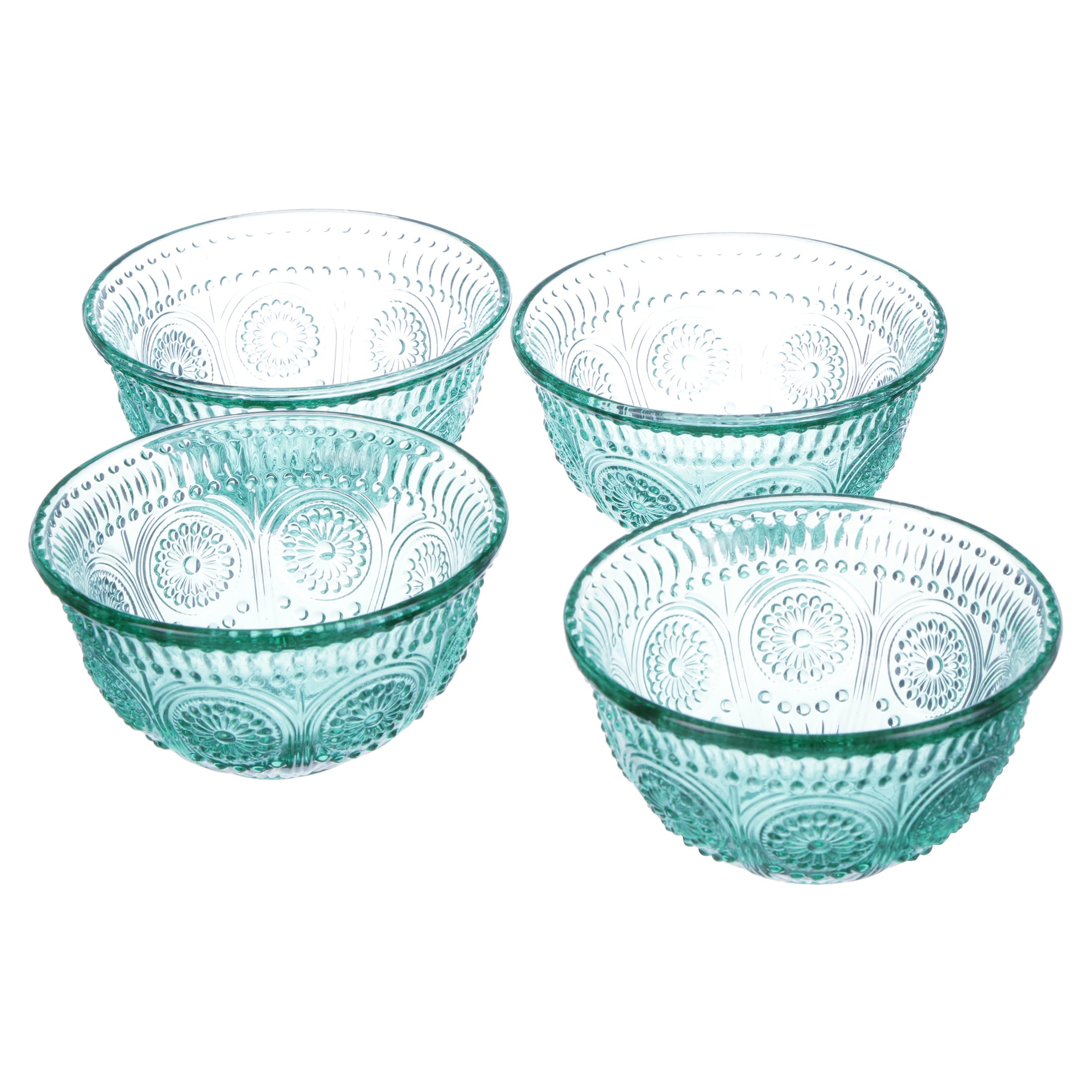 The Pioneer Woman Adeline 4-Piece 13-Ounce Embossed Glass Bowl Set， Teal