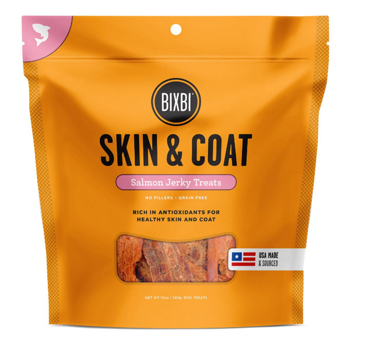 Bixbi Skin and Coat Salmon Jerky Dog Treats， 10oz.